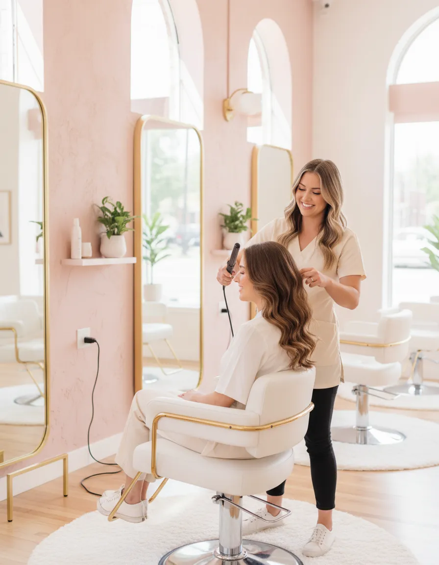 Smiling stylist finishing a hairstyle in a modern feminine salon