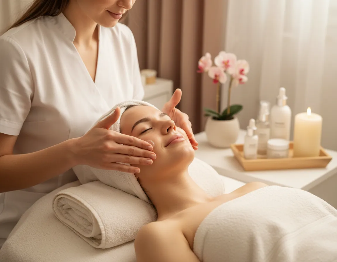 Esthetician providing relaxing facial treatment