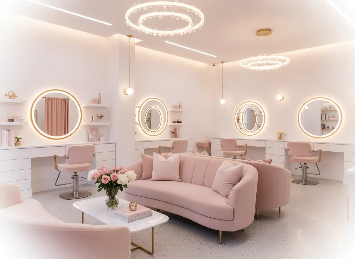 Interior of a modern feminine beauty salon with soft pink tones