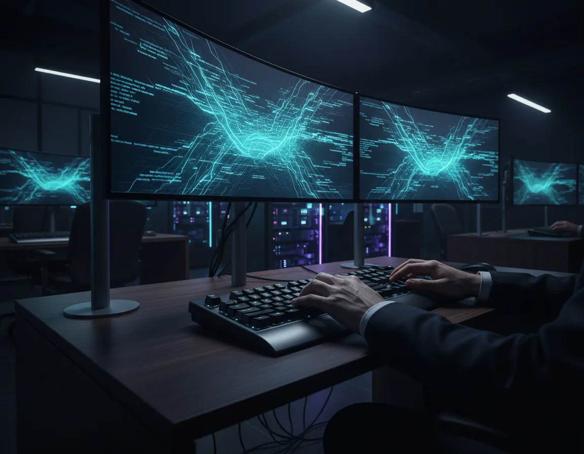 A sophisticated full-service agency workspace highlighting advanced tech setups