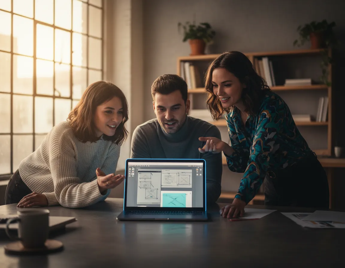 A small team of designers collaborating over creative wireframes