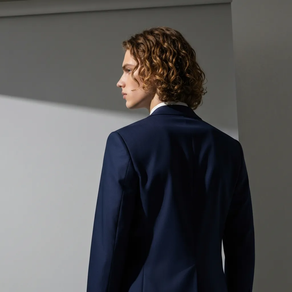 Back view of a person with long, textured curly light brown hair