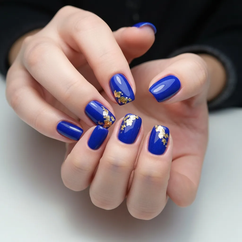 Close up of hands displaying a fresh manicure with blue polish and gold leaf accents