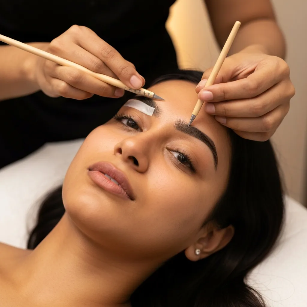 Close up of a woman lying down receiving an eyebrow waxing treatment