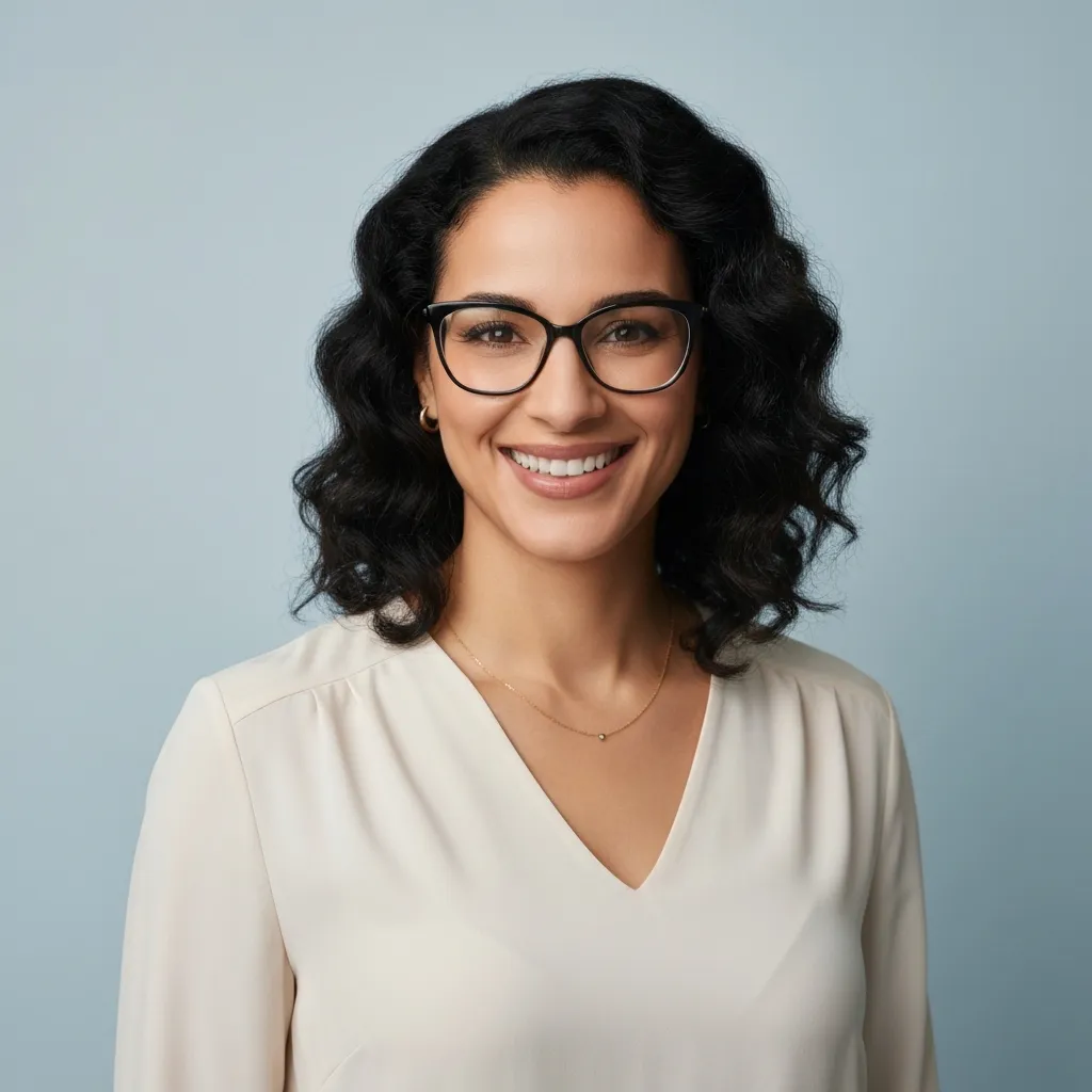 Portrait of a smiling woman with dark curly hair and glasses