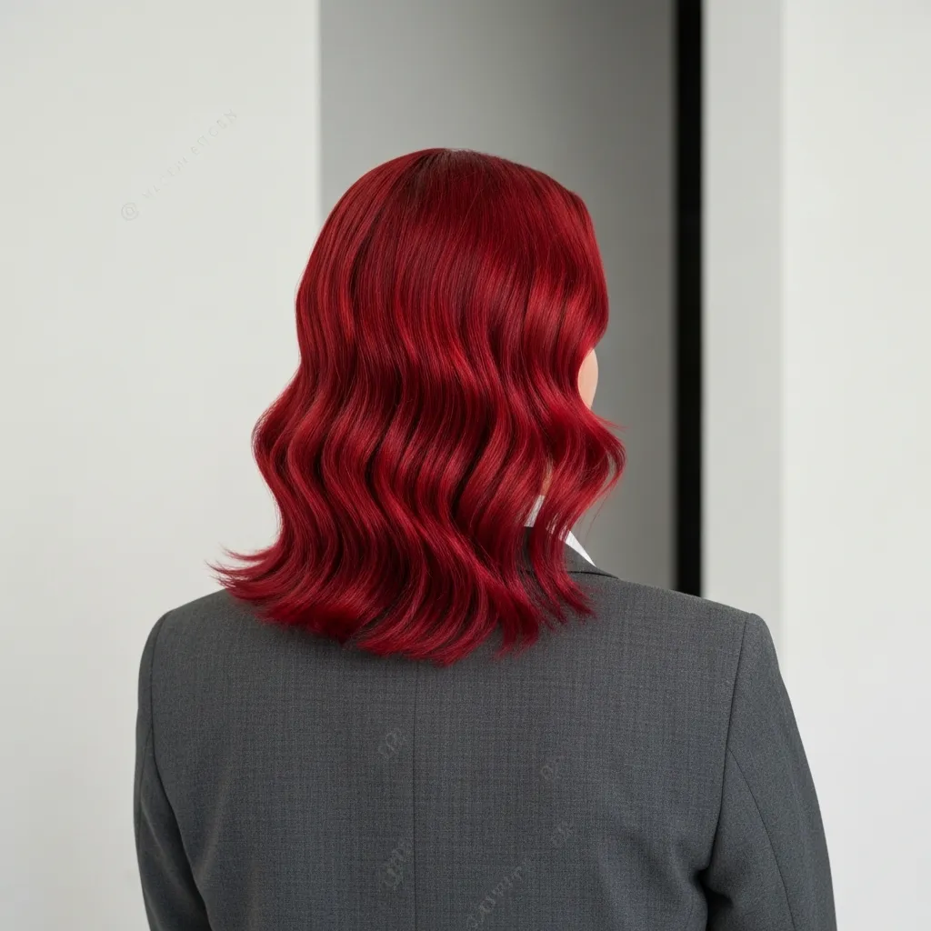Back view of a person showing off vibrant, wavy red dyed hair