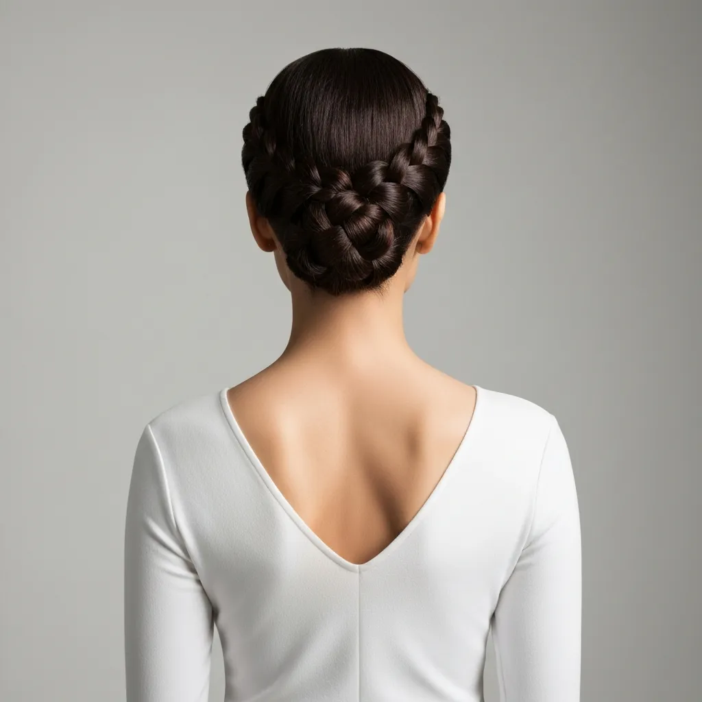Back view of a person with dark hair styled in a complex braided updo