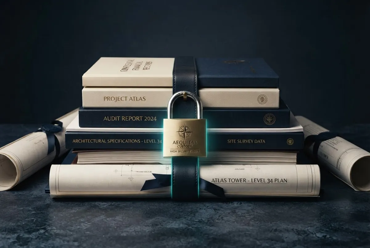 DelftRise Virtual Data Room preview showing overlapping confidential diligence documents, underwriting model, and gold cryptographic lock motif
