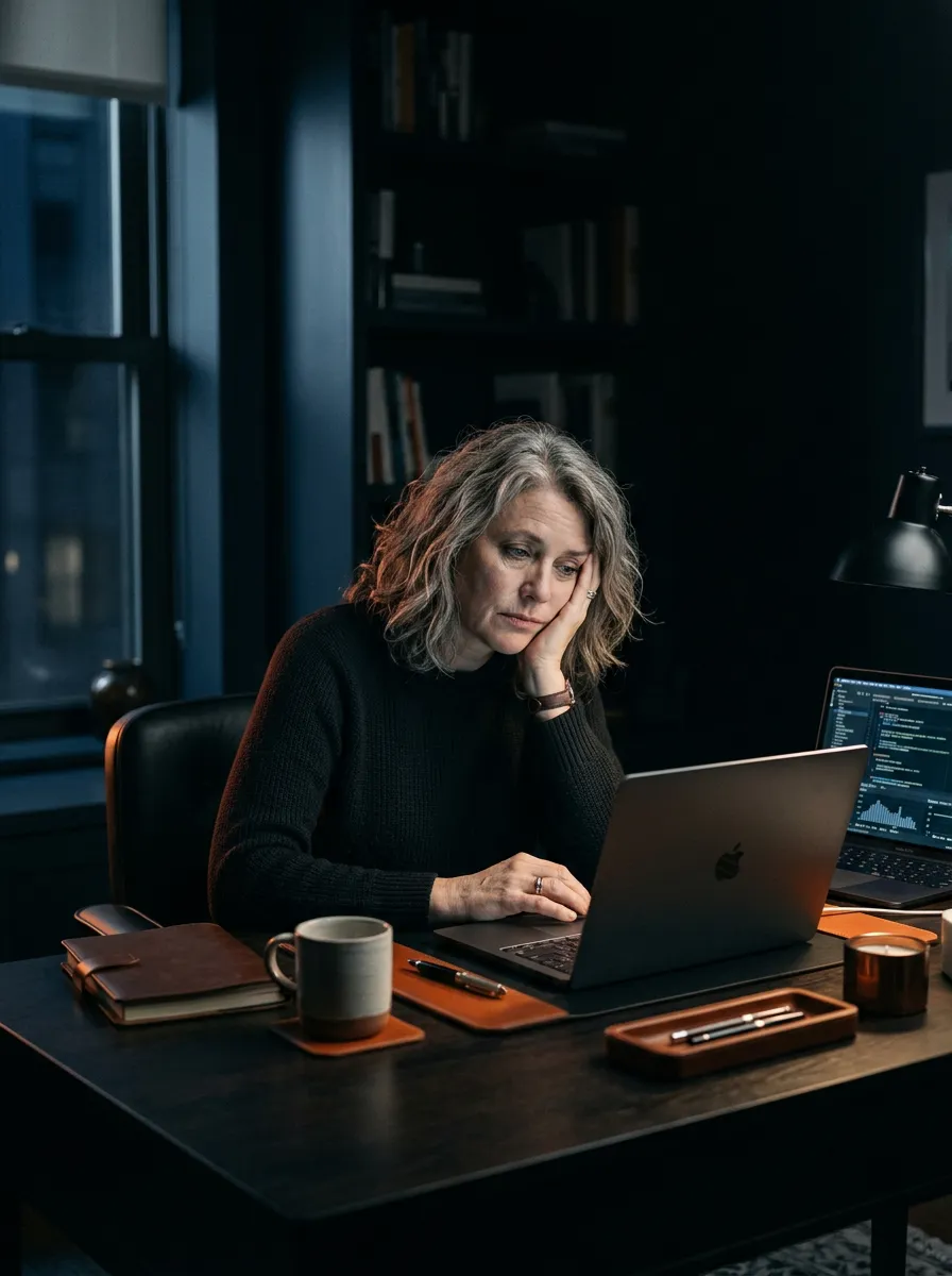 Desaturated portrait of an exhausted executive coach sitting late at night staring at a glowing laptop screen