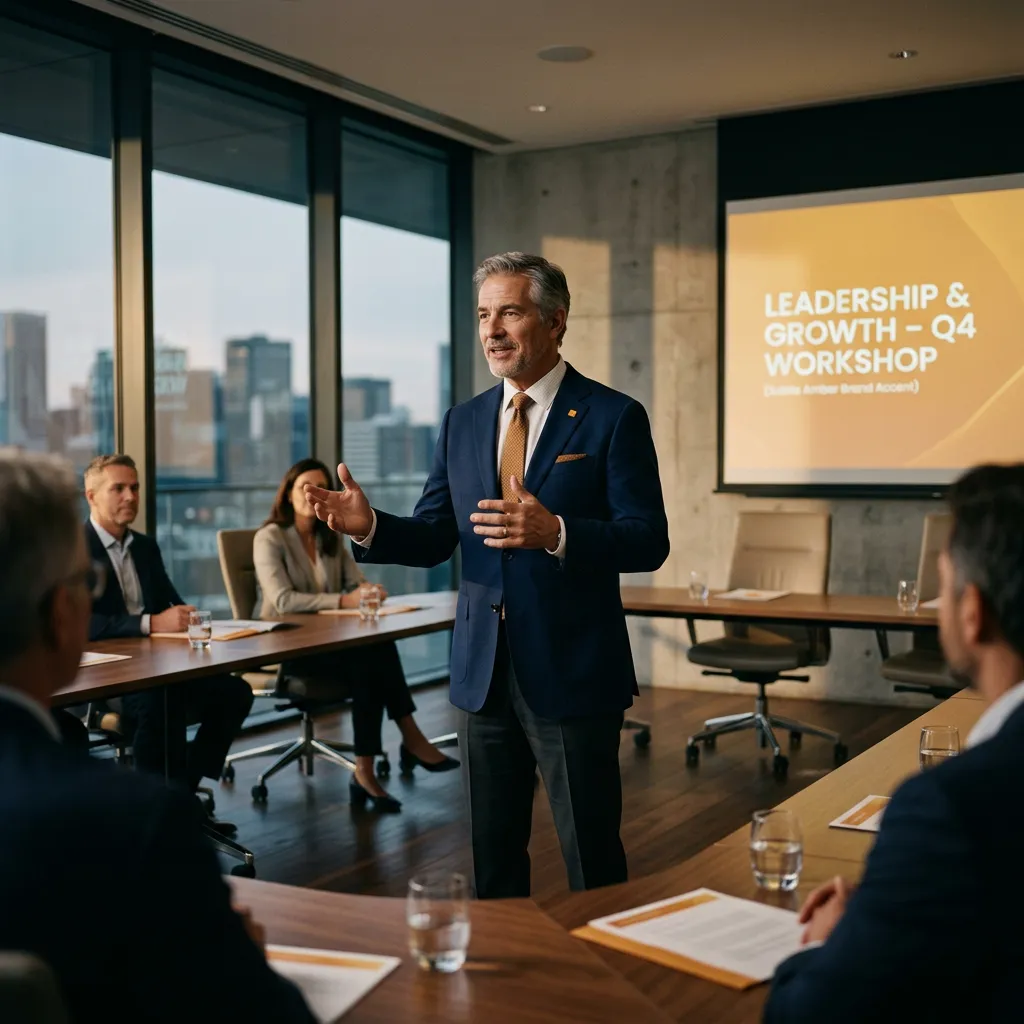 Editorial photograph of a seasoned coach facilitating an intimate, high-impact in-person executive workshop