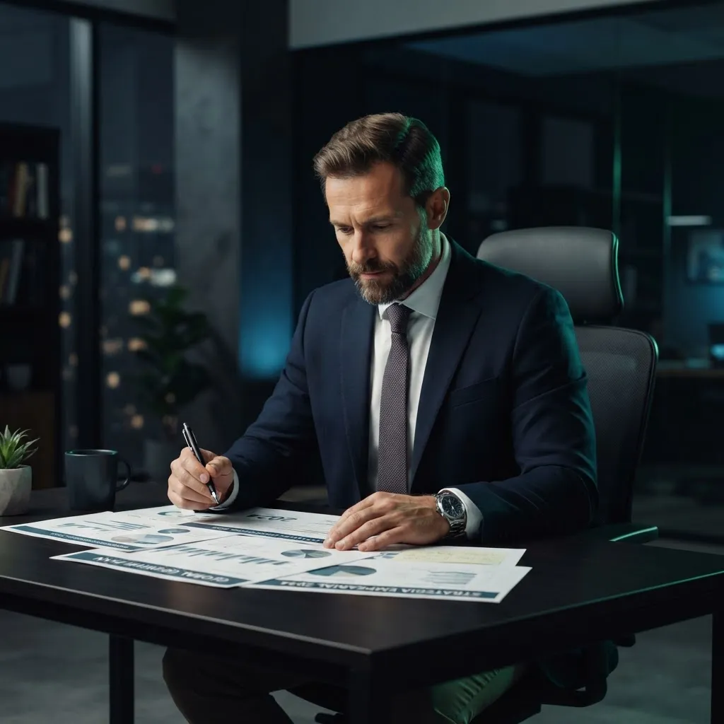 Retrato profesional de un emprendedor enfocado trabajando en su estrategia de crecimiento