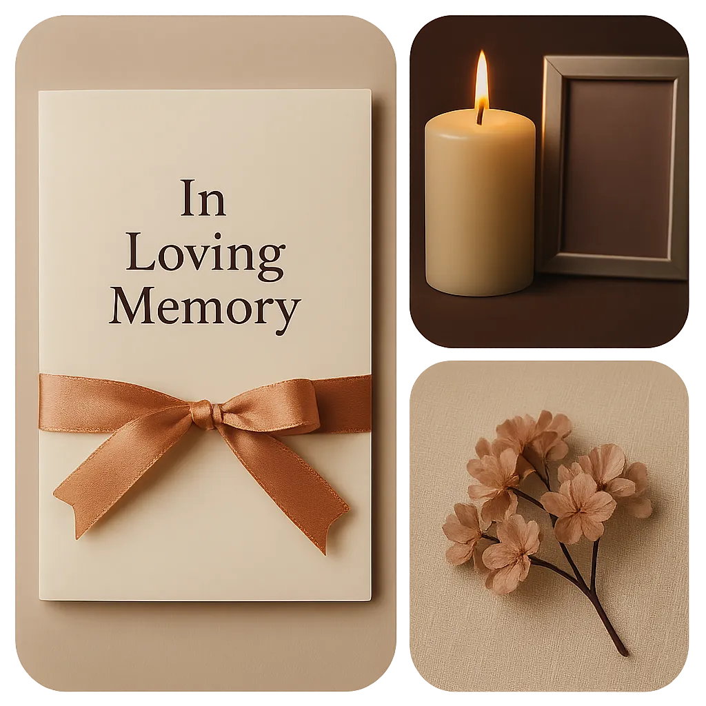 A 3-panel composite image showing a collection of personalized memorial items including a framed photo, beautifully printed program, and custom color ribbon