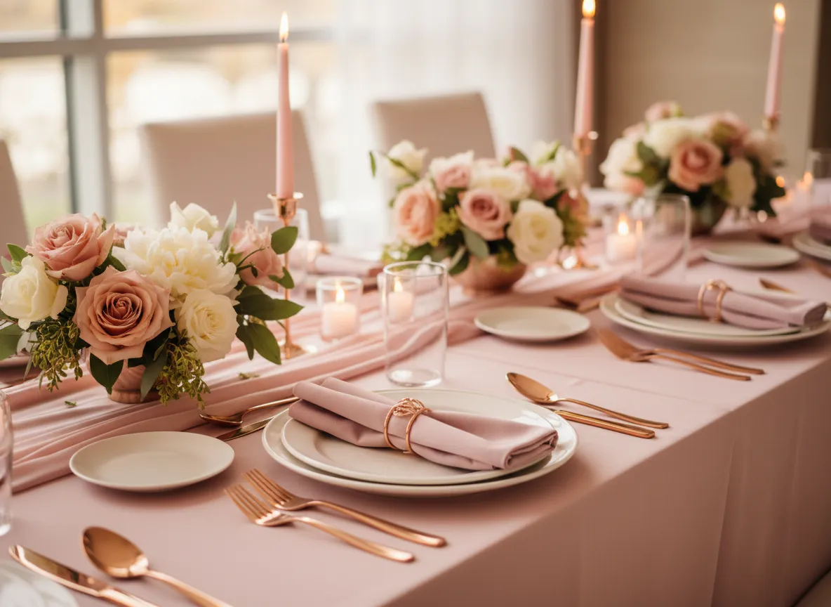 Elegant blush and rose gold event table décor
