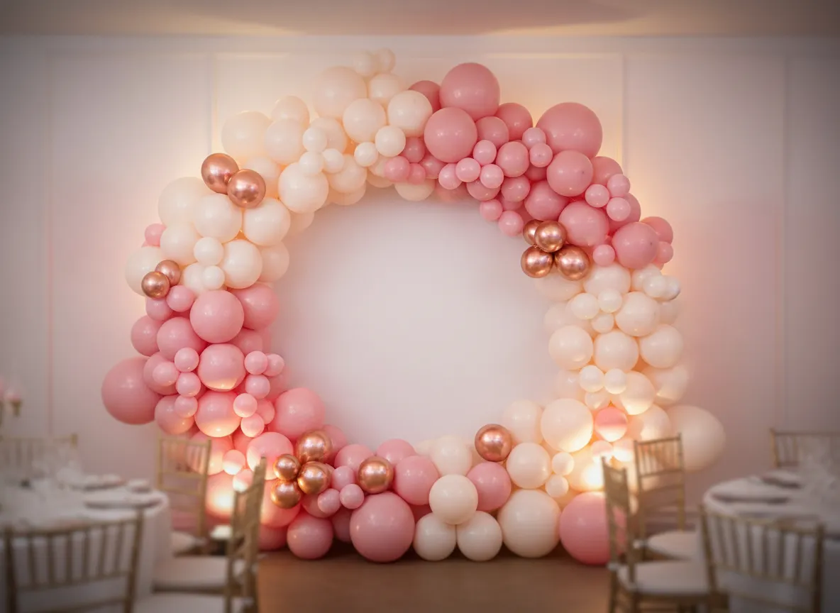 Blush and rose gold balloon backdrop at event