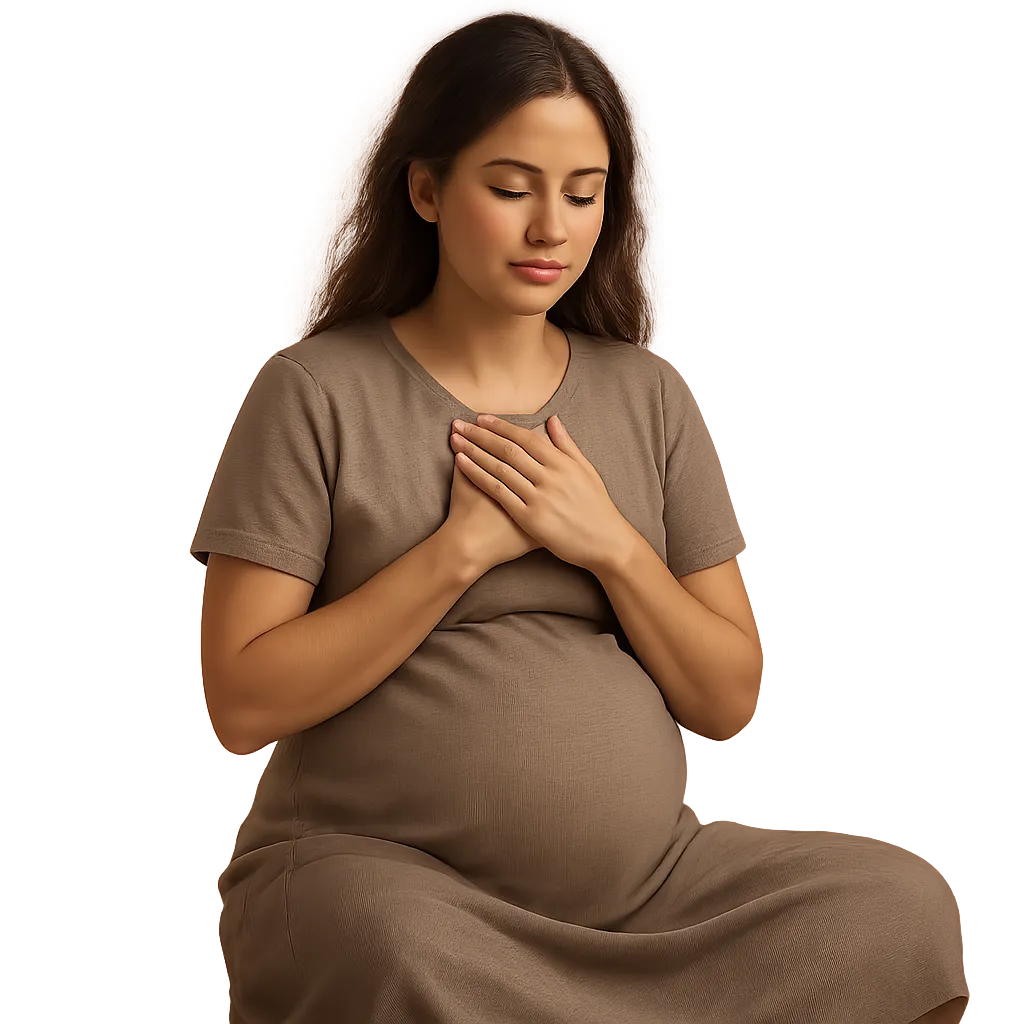 Transparent photorealistic image of a modest pregnant woman in a gentle birth pose