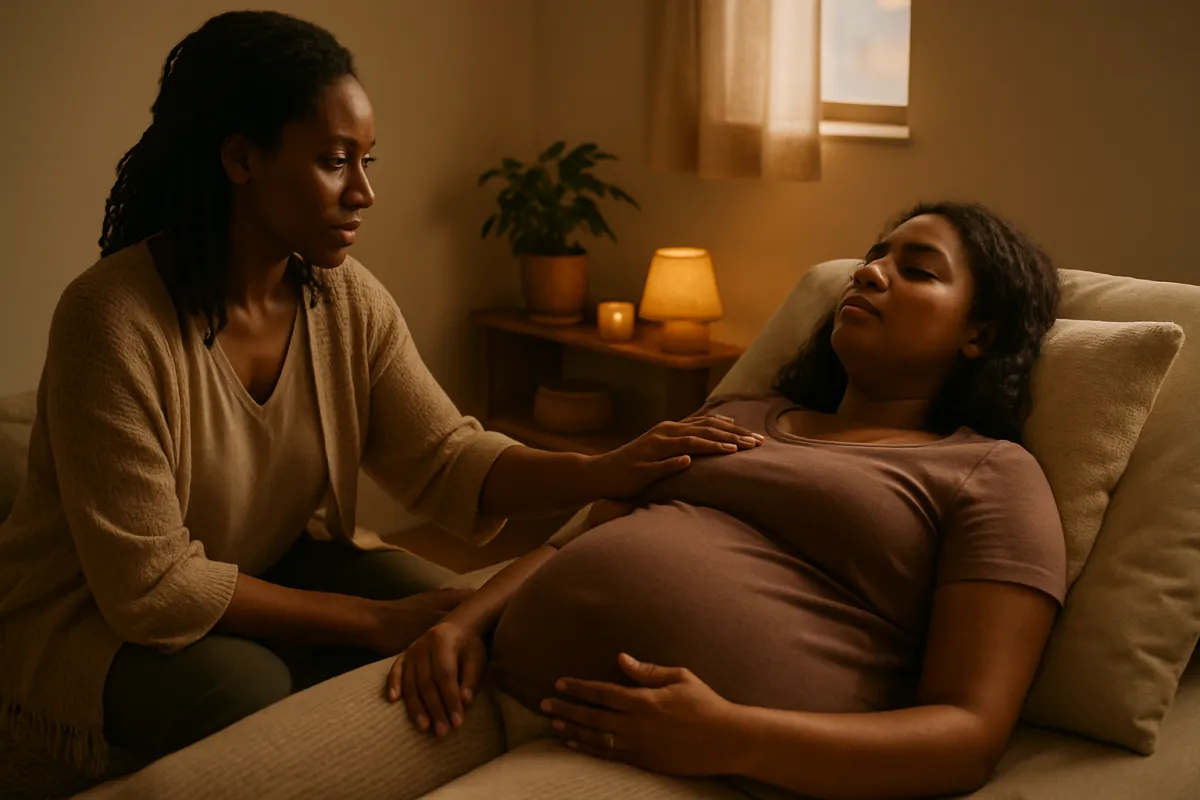 Therapist gently guiding a pregnant client through reclining breathwork in a warm, softly lit room.
