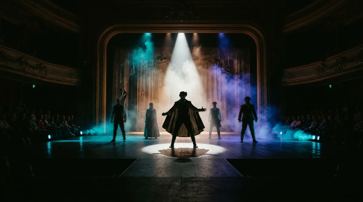 Dramatic theater stage with spotlight lighting and live performers