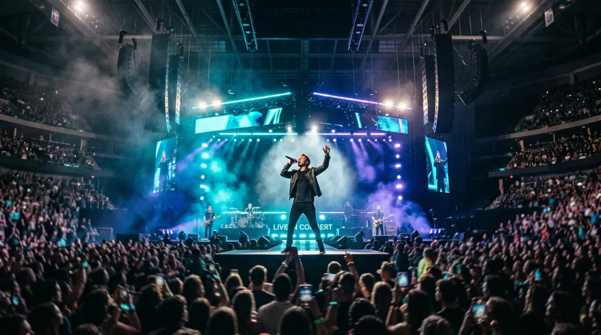 Live arena concert with crowd lights and stadium soundstage