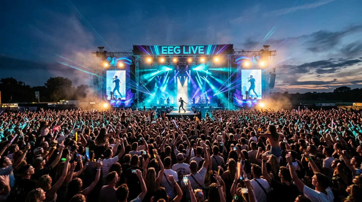 Massive outdoor music festival with laser shows and cheering audience