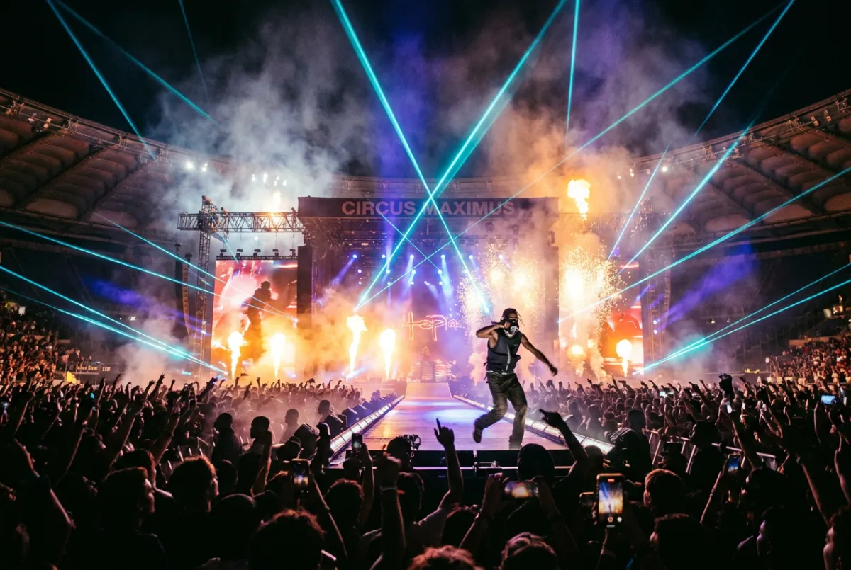 Travis Scott Circus Maximus stadium tour pyrotechnics laser effects