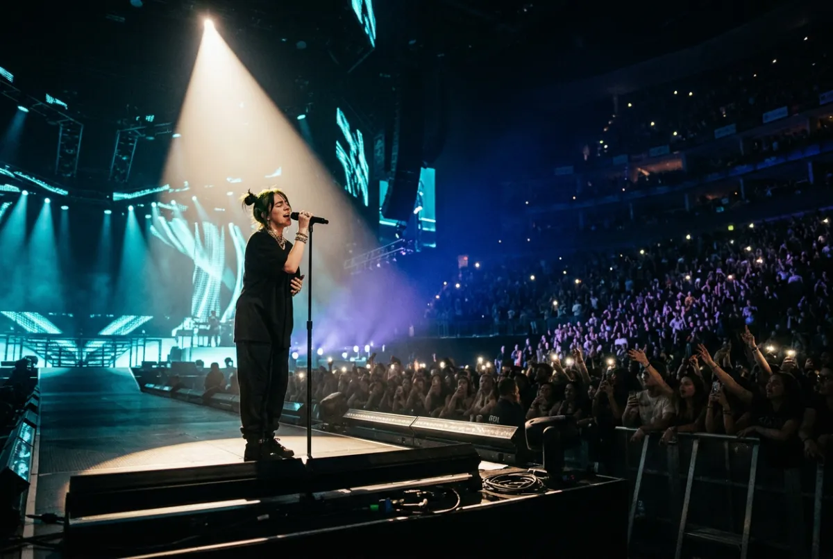 Billie Eilish arena concert with dramatic stage spotlighting and crowds