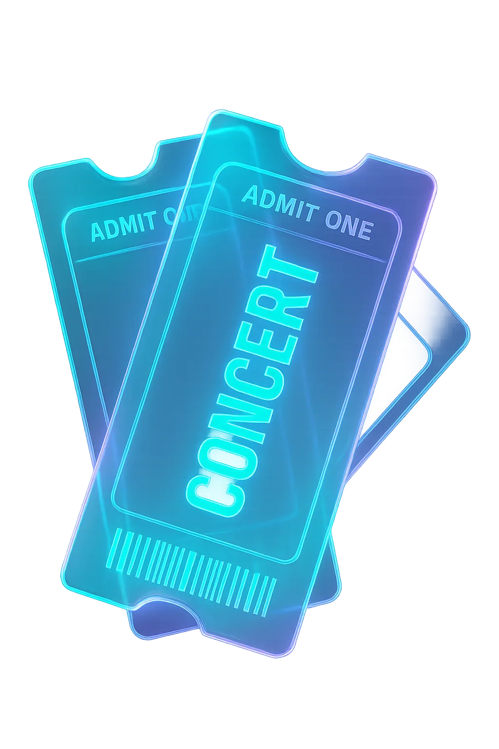 Three angled holographic VIP concert ticket stubs with digital barcodes and electric cyan neon glow