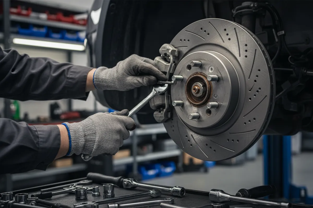 Mechanic performing brake repair