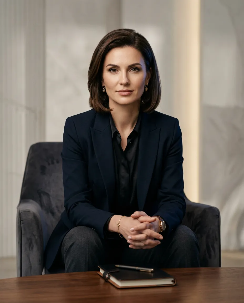 Editorial portrait capturing calm authority, sophisticated executive leadership, and strategic poise