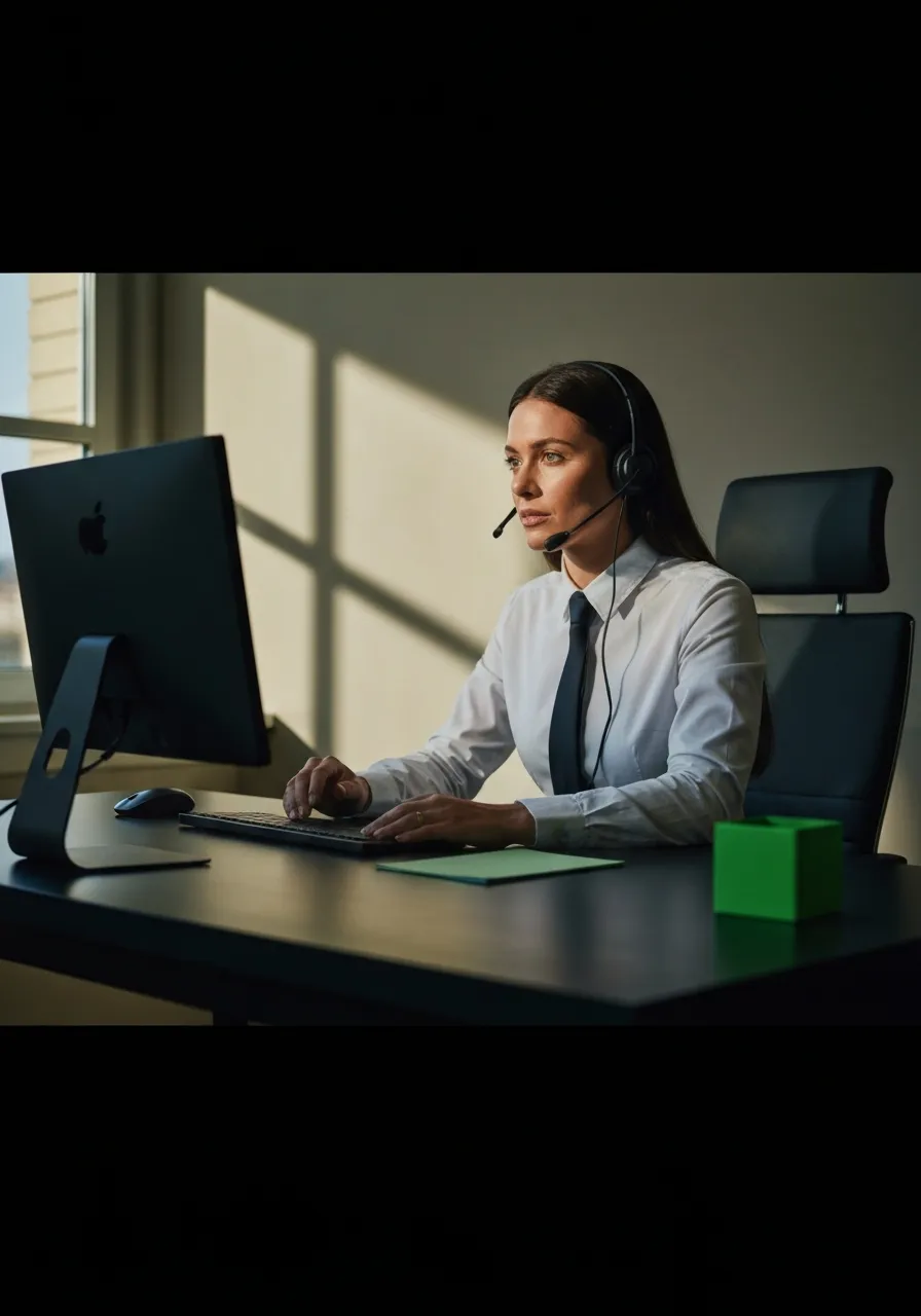 Focused agent in a modern sunlit office taking live calls