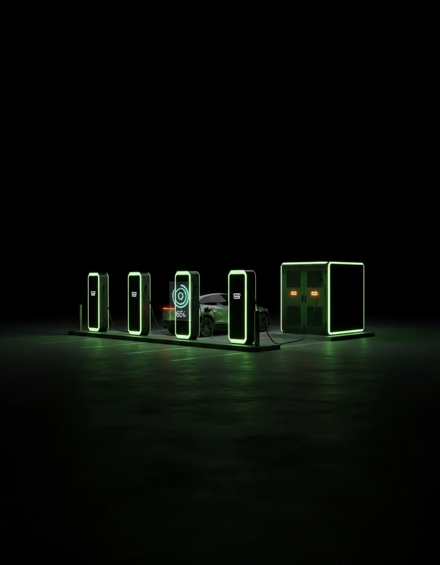 Estación de carga rápida de vehículos eléctricos operando eficientemente