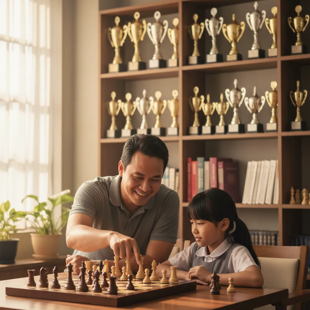 A Filipino chess coach, mid-30s, smiling and demonstrating a chess tactic to a young girl in a bright, welcoming academy office. The background shows a wall of chess trophies and books, with natural light streaming in. The style is warm, documentary, and authentic.