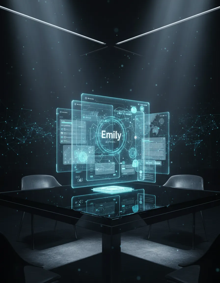 Holographic UI showing Emily AI Assistant in action, neural blue duotone filter, futuristic dashboard
