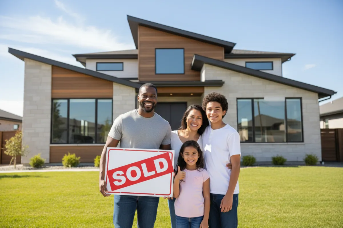 A smiling family of four standing in front of a modern suburban home, holding a 'Sold' sign. The background features a well-kept lawn and blue sky. The family is diverse, with parents and two children, all appearing happy and relaxed. The image is bright, clean, and modern, evoking trust and satisfaction.