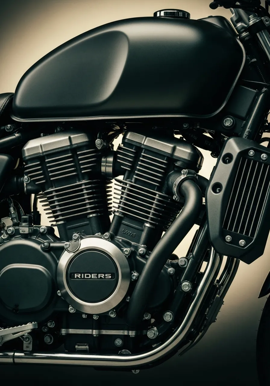 Cinematic close-up of the RIDERS 650 engine block and tank