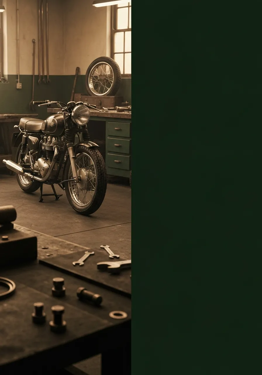 Sepia-toned heritage motorcycle in a classic workshop