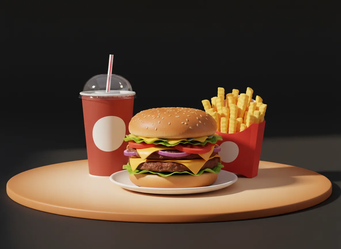 3D digital art of a burger combo with fries and drink on a playful warm background