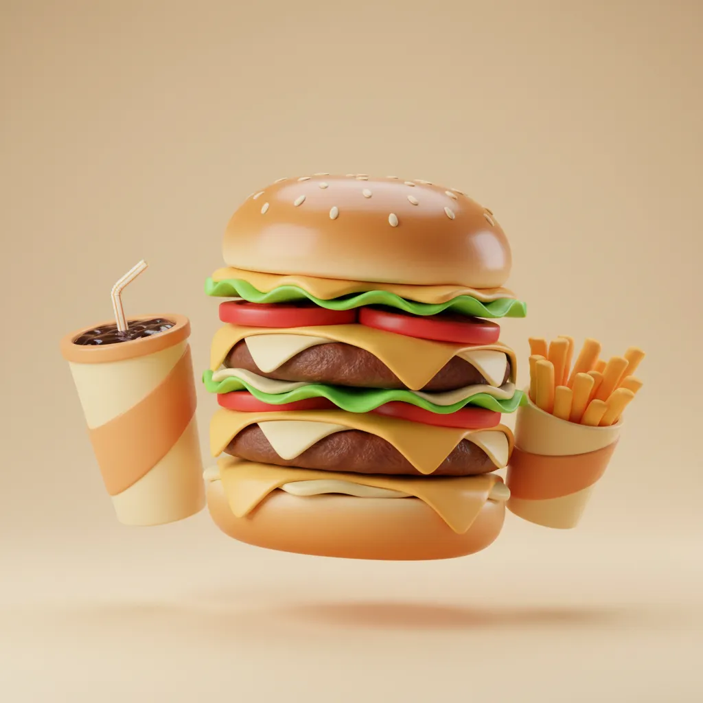 3D render of a playful stacked burger with fries and soda in warm neutral colors