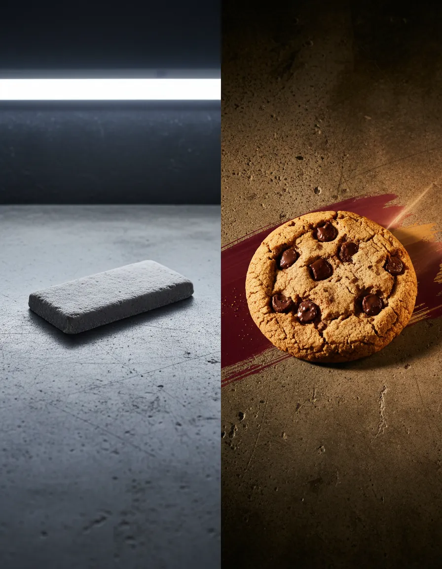 A sad, generic protein bar next to a bright, decadent Diabetic Shortcut cookie
