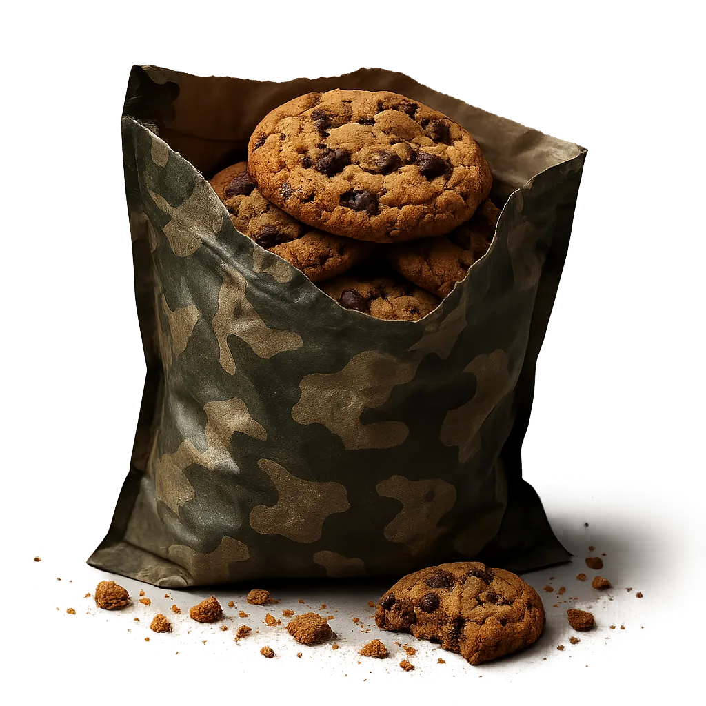 Camo-patterned cookie packaging revealing thick chocolate chip cookies