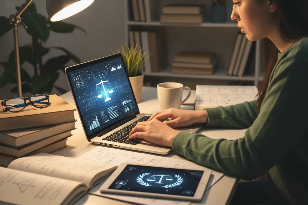 A focused student using a laptop with AI-powered writing tools, surrounded by academic books and notes in a cozy study nook. The environment is organized, with a cup of coffee and a digital tablet displaying ethical guidelines.