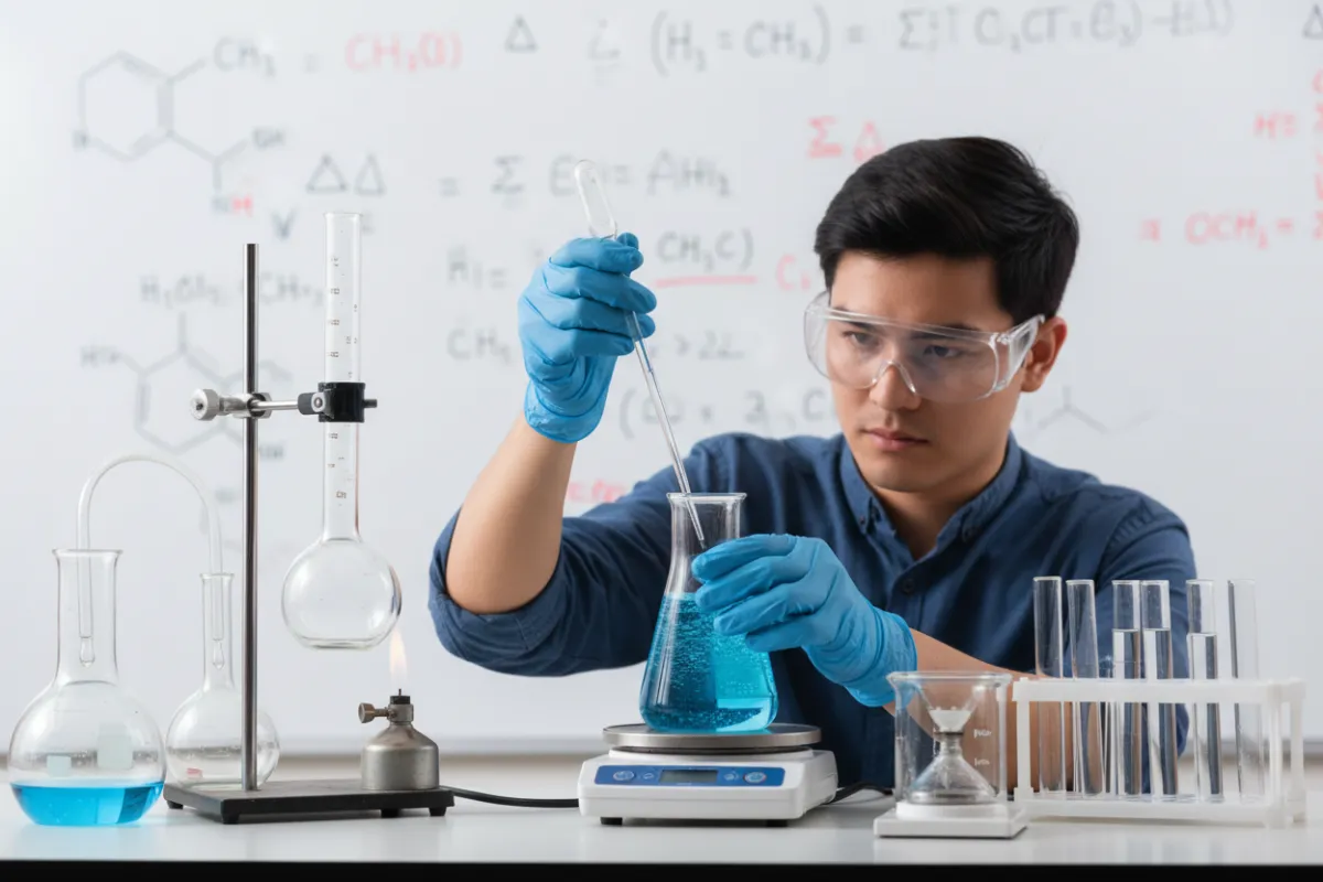 A close-up of a student conducting a chemistry experiment in a laboratory, wearing safety goggles and gloves, surrounded by scientific equipment and glassware. The background features a whiteboard with complex equations, emphasizing STEM academic focus.