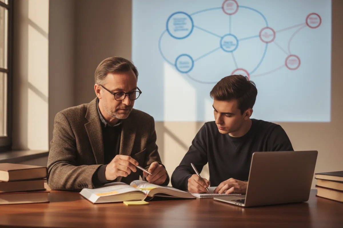 A professional academic advisor reviewing a student's thesis draft in a modern office, with books, a laptop, and academic charts visible on the desk. The advisor is providing detailed feedback, while the student takes notes, both focused and engaged in a collaborative academic setting.