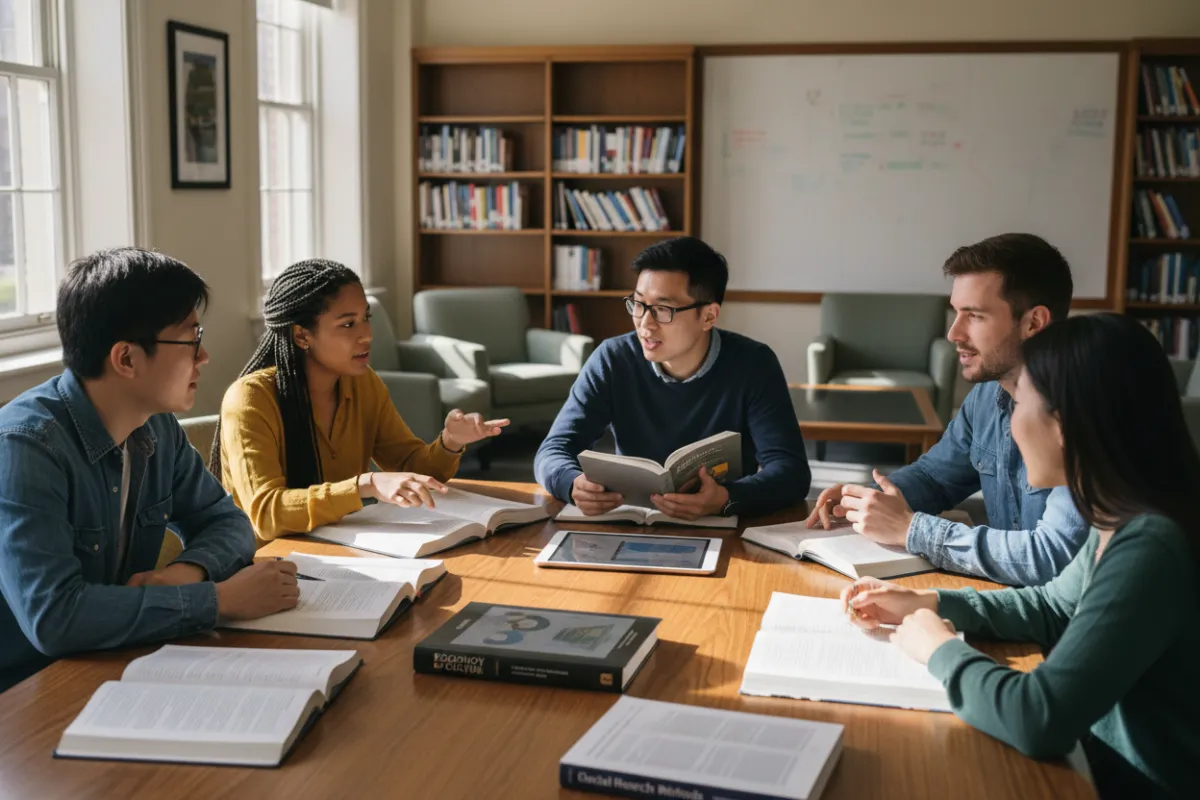 A group of students engaged in a lively discussion in a university seminar room, with diverse backgrounds, referencing social science textbooks and digital tablets. The setting is bright and collaborative, highlighting social sciences academic engagement.