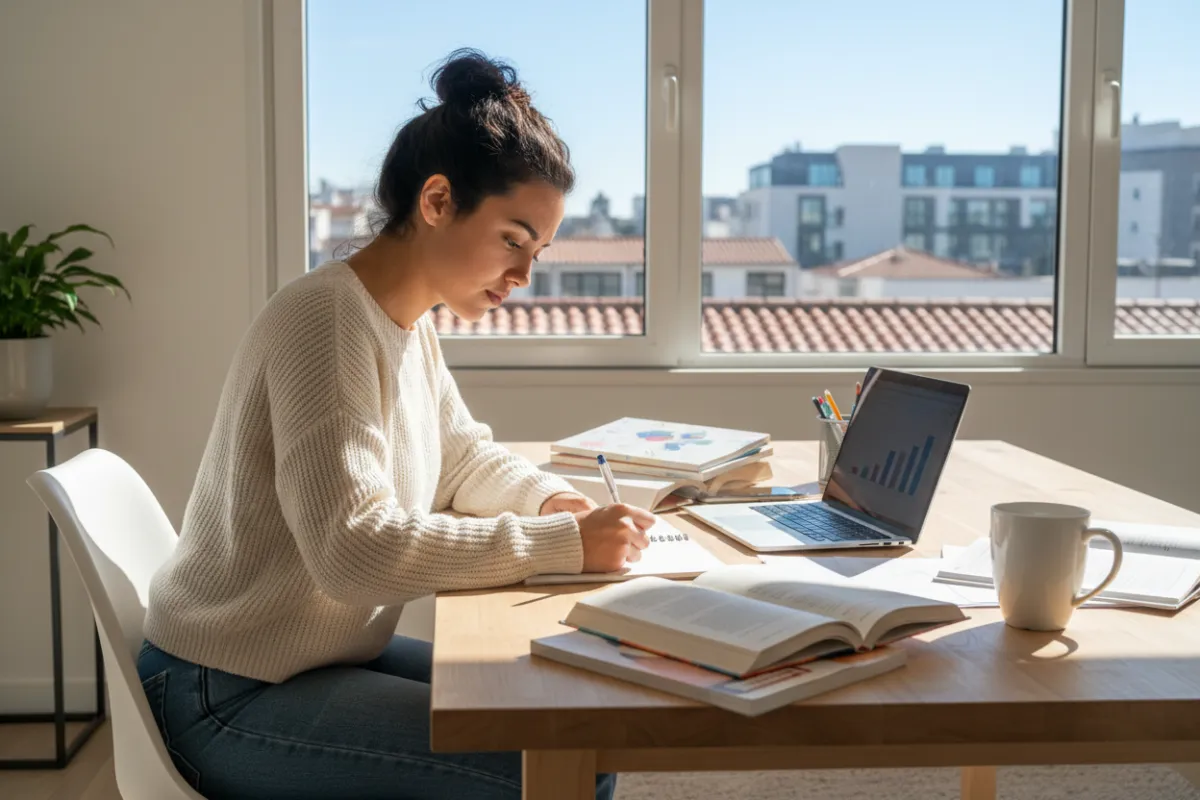 A young woman in her twenties, of Spanish descent, studying at a desk with open books and a laptop. She is focused, writing notes, with a window showing a cityscape in the background. The setting is bright and organized. 3:2 aspect ratio.