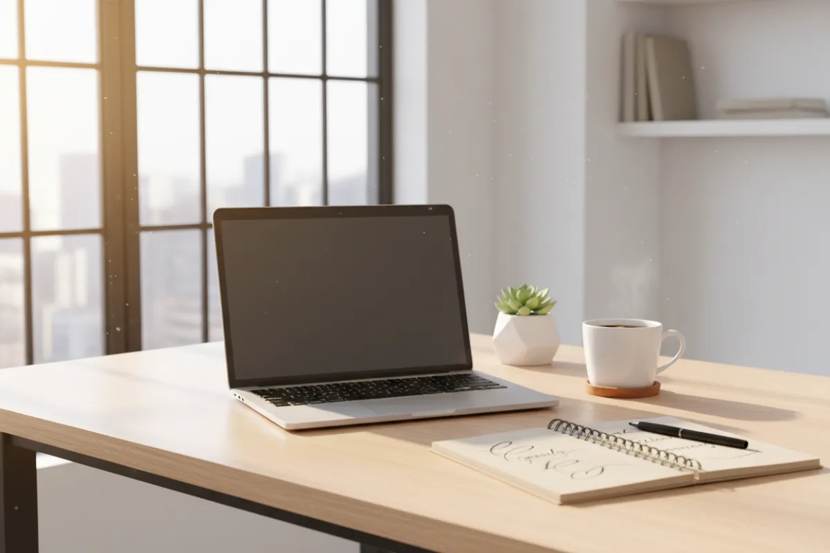A modern academic workspace with a laptop open to a thesis document, a cup of coffee, and a notepad with handwritten goals. Sunlight streams through a window, creating a focused, optimistic atmosphere that encourages students to take action toward their academic goals.
