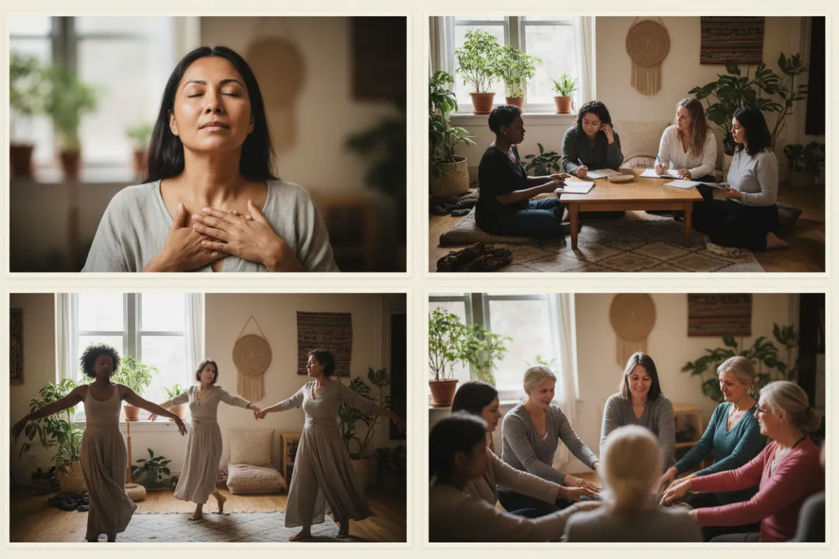 Collage showing women in breathwork, journaling, movement, and circle-sharing in a warm, safe community room.
