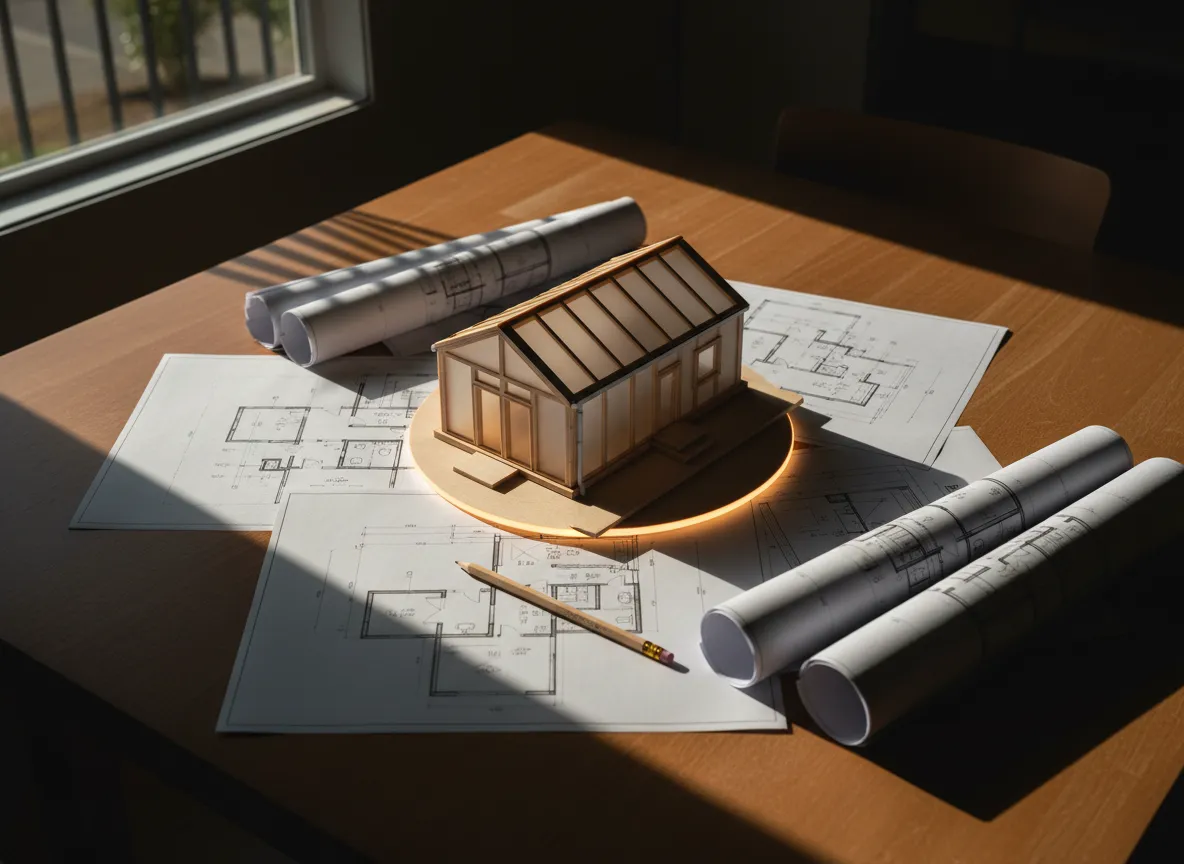 Architectural blueprints on a table with a modern ADU model