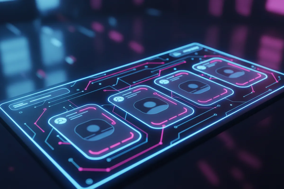 High-energy neon chat interface header scene for the VibeSpace Social Hub