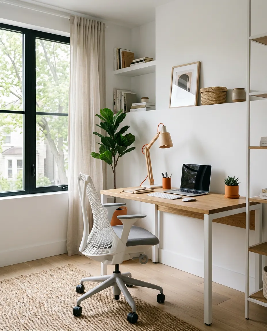 Helles, aufgeräumtes und ergonomisches Home Office mit natürlichem Lichteinfall und minimalistischem Schreibtisch