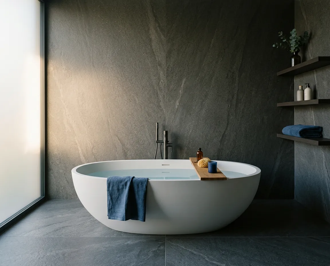 Exklusives modernes Luxusbad mit freistehender Badewanne und eleganter Natursteinoptik